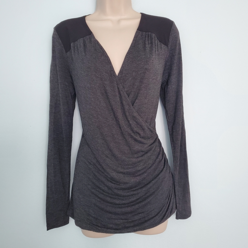 NWOT Tahari Black Dark Gray Surplice Crossover Neckline Blouse